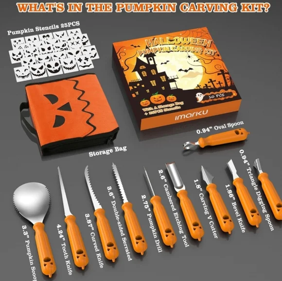 Halloween-Decorations Pumpkin Carving Kit Set with Stencils and Storage Bag - Picture 2 of 7